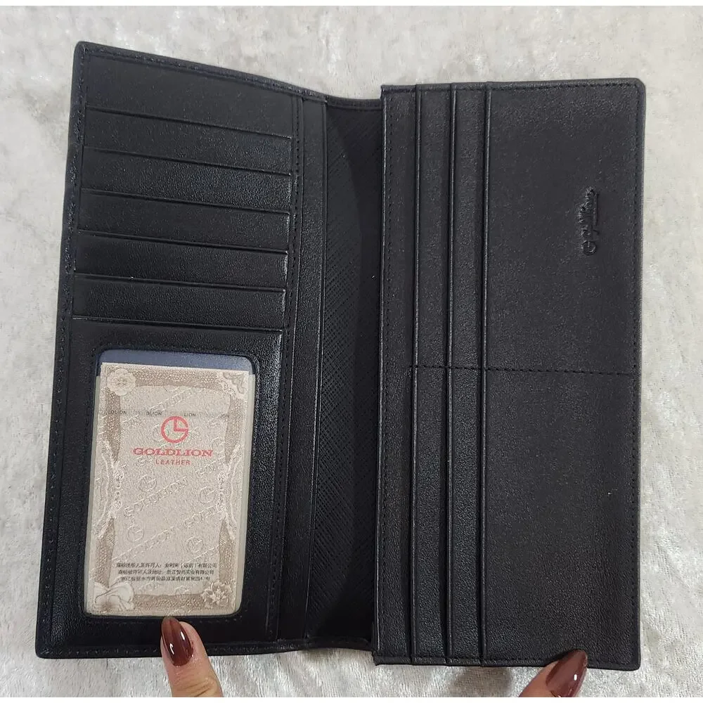 NWT Goldlion Mens Black Soft Lambskin Leather Long Bi-Fold Wallet